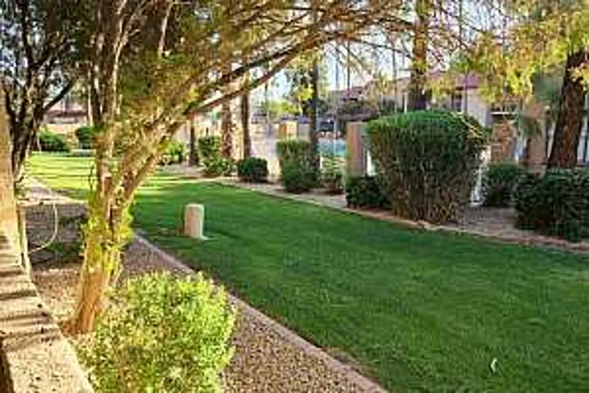 A lush, expansive green lawn bordered by manicured shrubs and tall, shade-providing trees. The peaceful setting is perfect for leisurely strolls, picnics, or simply enjoying the serene, tree-lined environment.