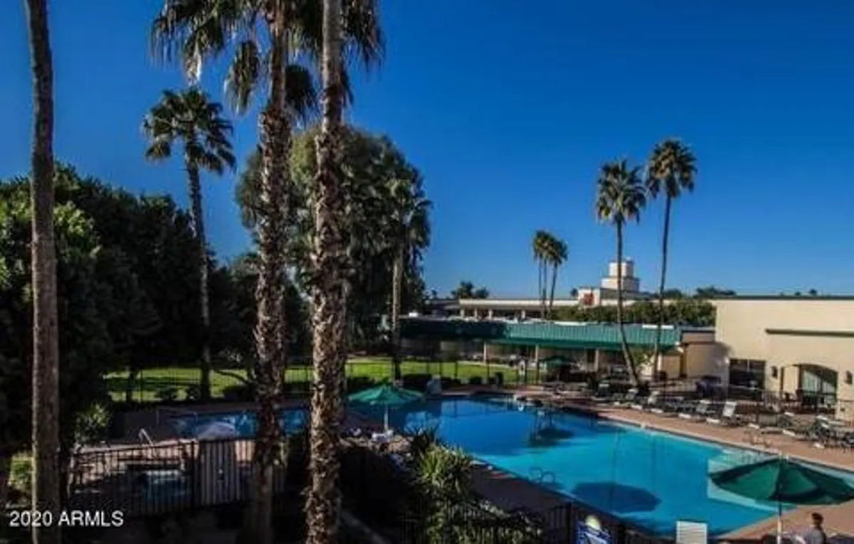 An inviting swimming pool fringed by palms, with lounge chairs and green patio umbrellas. The scene is serene and perfect for unwinding, socializing, or enjoying a quiet afternoon outdoors.