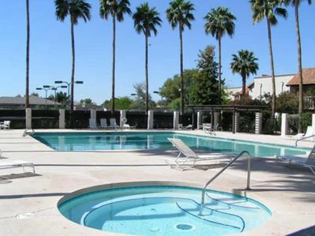 A sun-drenched outdoor swimming pool surrounded by palm trees, a bubbling jacuzzi, and several lounge chairs. The setting is vibrant and inviting, ideal for relaxation and social gatherings. The area exudes a resort-like atmosphere, with spaces for both swimming and soaking in the jacuzzi.